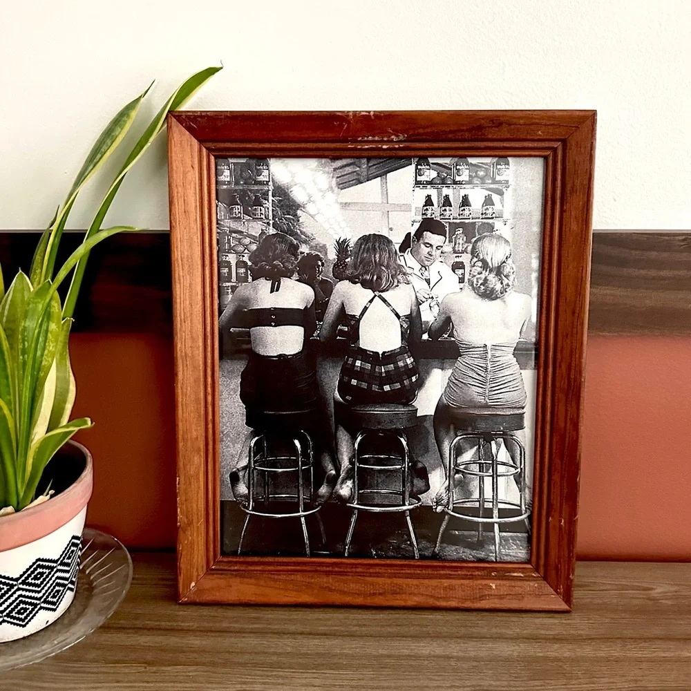 Retro Beach Soda Shop Women in Swimsuits at a Bar 1950’s Canvas Art Print Framed